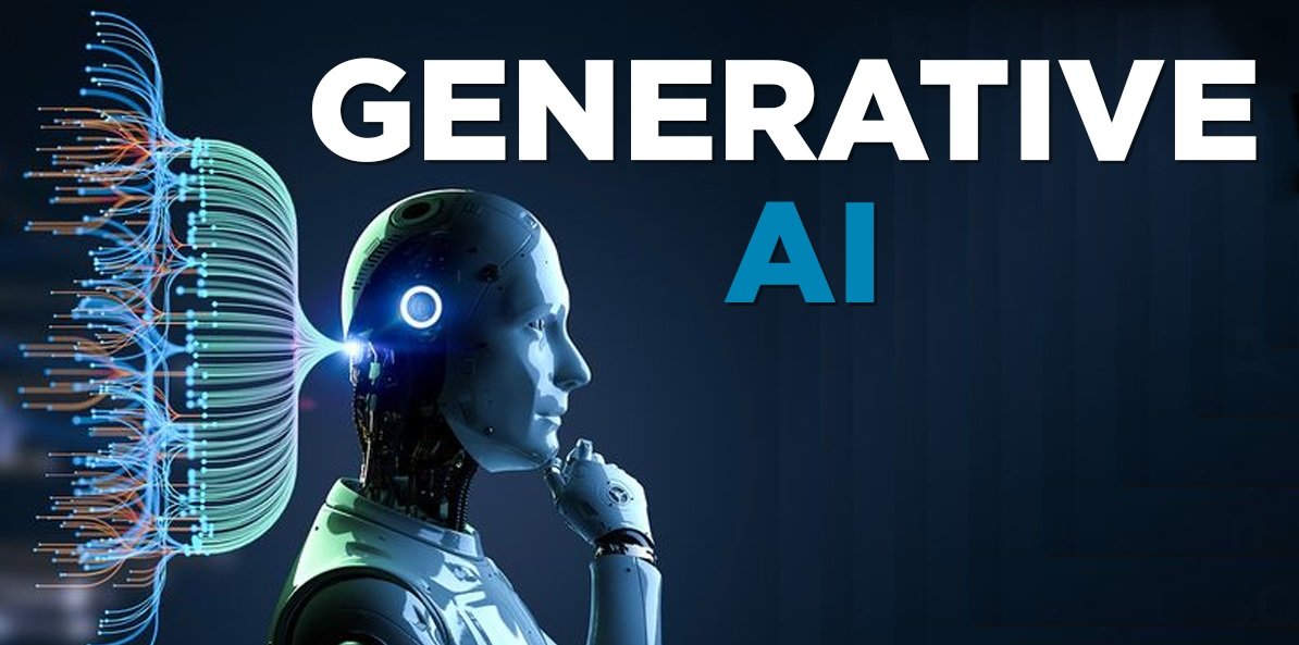  A robot's head is depicted with a glowing blue circle on its temple, and the text "Generative AI" is overlaid on the right side of the image in blue and white.